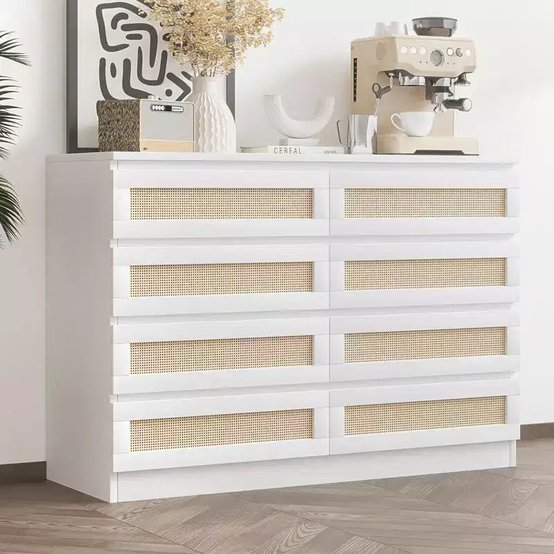 Rattan 8-Drawer Double Dresser with Smooth Metal Slides, Modern Wood Storage