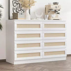 Rattan 8-Drawer Double Dresser with Smooth Metal Slides, Modern Wood Storage