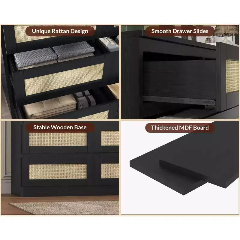 Rattan 8-Drawer Double Dresser with Smooth Metal Slides, Modern Wood Storage
