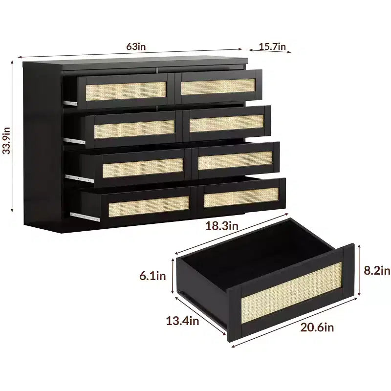 Rattan 8-Drawer Double Dresser with Smooth Metal Slides, Modern Wood Storage