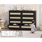 Rattan 8-Drawer Double Dresser with Smooth Metal Slides, Modern Wood Storage
