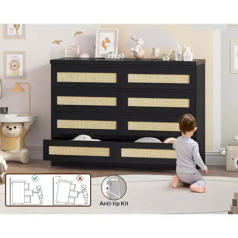 Rattan 8-Drawer Double Dresser with Smooth Metal Slides, Modern Wood Storage
