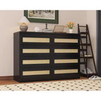Rattan 8-Drawer Double Dresser with Smooth Metal Slides, Modern Wood Storage