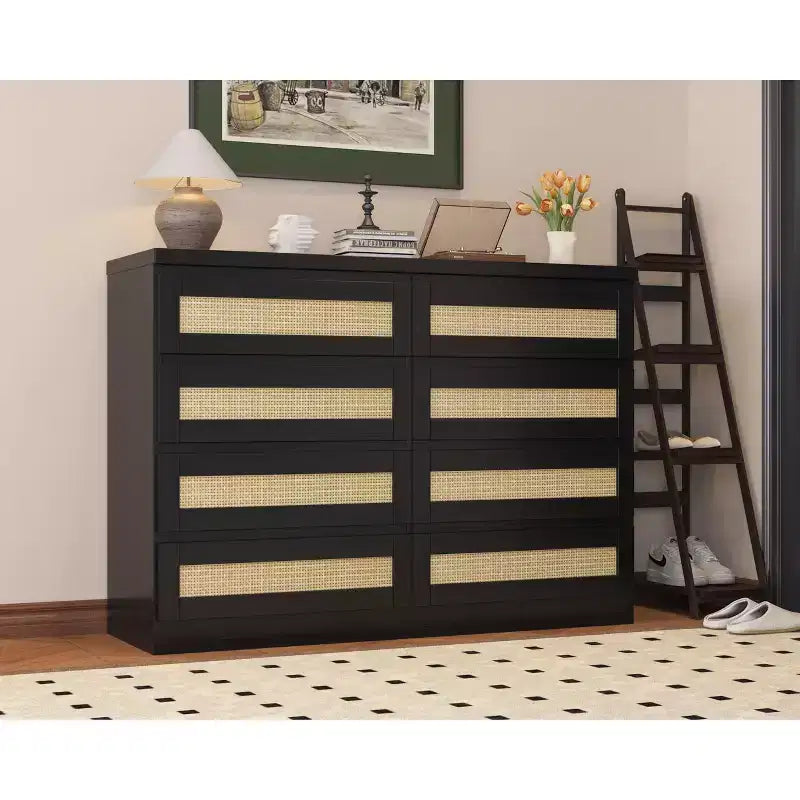 Rattan 8-Drawer Double Dresser with Smooth Metal Slides, Modern Wood Storage