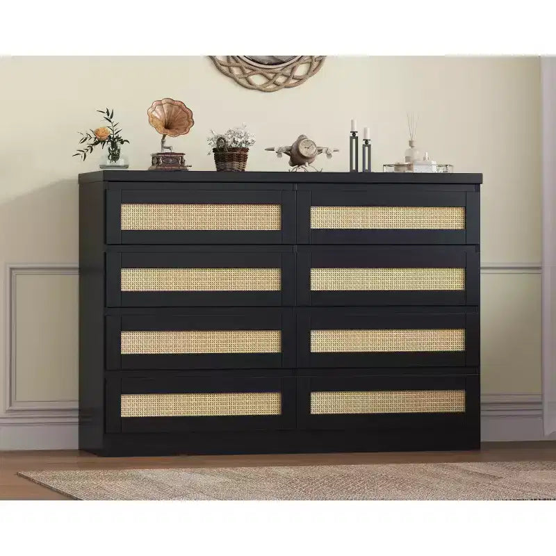 Rattan 8-Drawer Double Dresser with Smooth Metal Slides, Modern Wood Storage