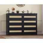 Rattan 8-Drawer Double Dresser with Smooth Metal Slides, Modern Wood Storage