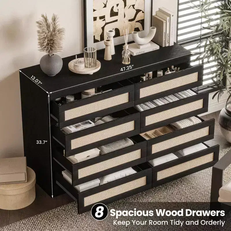 Rattan 8-Drawer Double Dresser with Smooth Metal Slides, Modern Wood Storage