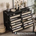 Rattan 8-Drawer Double Dresser with Smooth Metal Slides, Modern Wood Storage
