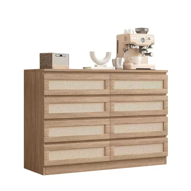 Rattan 8-Drawer Double Dresser with Smooth Metal Slides, Modern Wood Storage