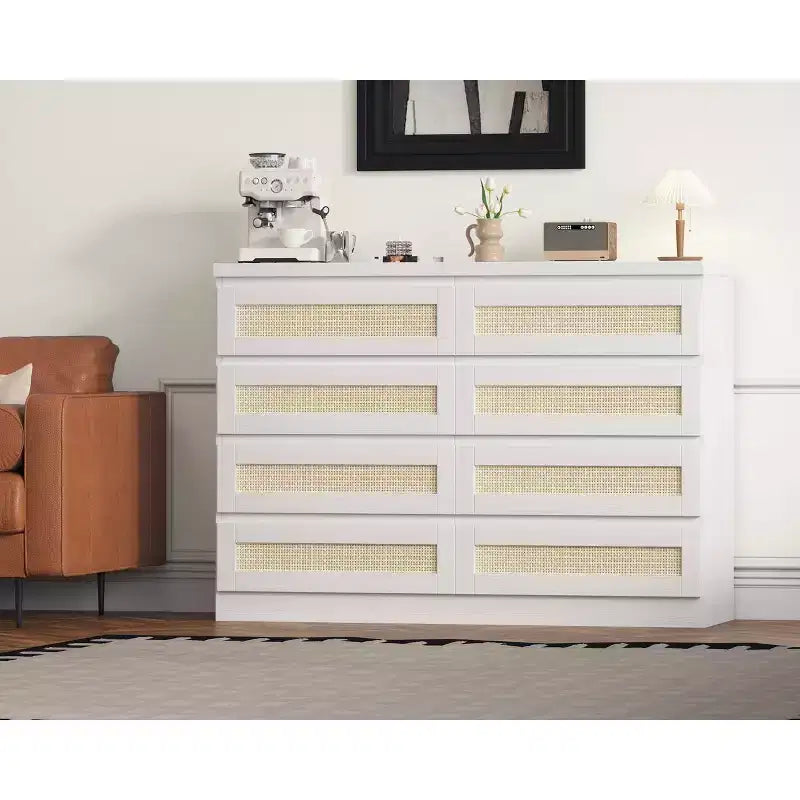 Rattan 8-Drawer Double Dresser with Smooth Metal Slides, Modern Wood Storage