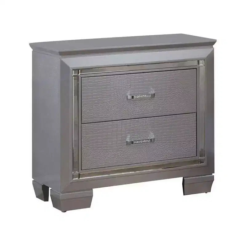 2-Drawer Wooden Nightstand with Embossed Textured Details, Gray