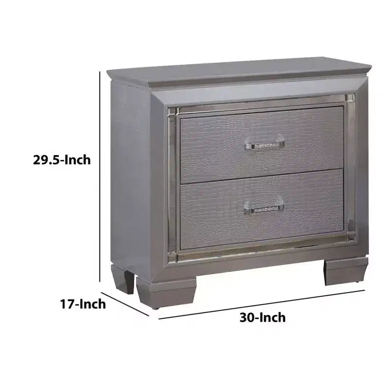2-Drawer Wooden Nightstand with Embossed Textured Details, Gray