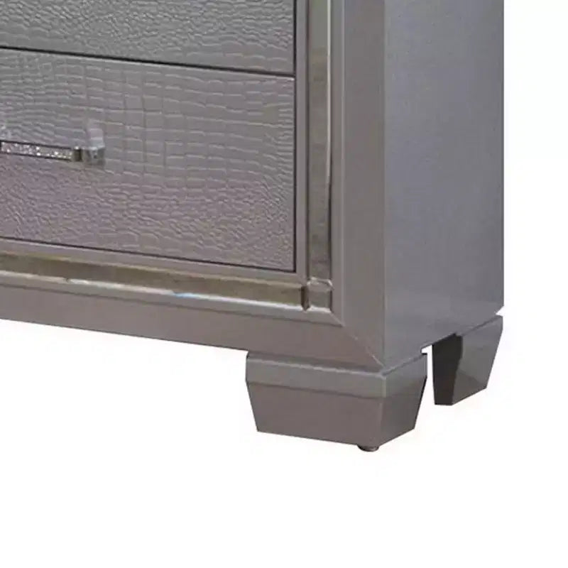 2-Drawer Wooden Nightstand with Embossed Textured Details, Gray