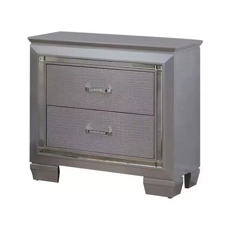 2-Drawer Wooden Nightstand with Embossed Textured Details, Gray
