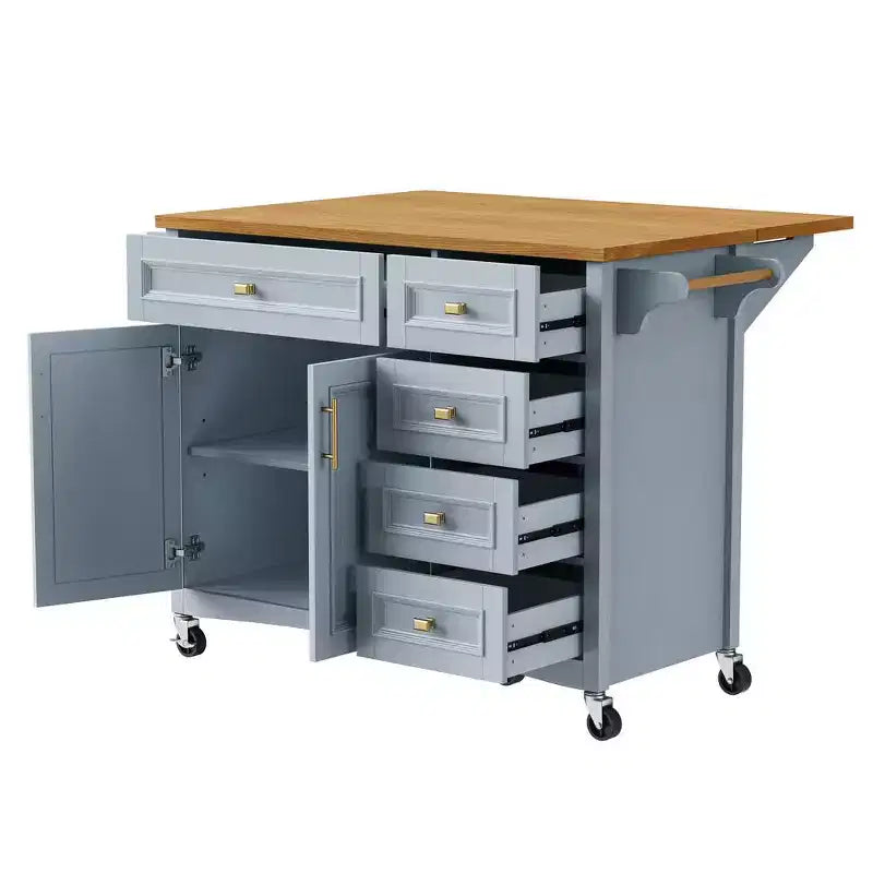 52" Kitchen Island with Embossed Texture, Spice Rack, Drop Leaf & Adjustable Shelf