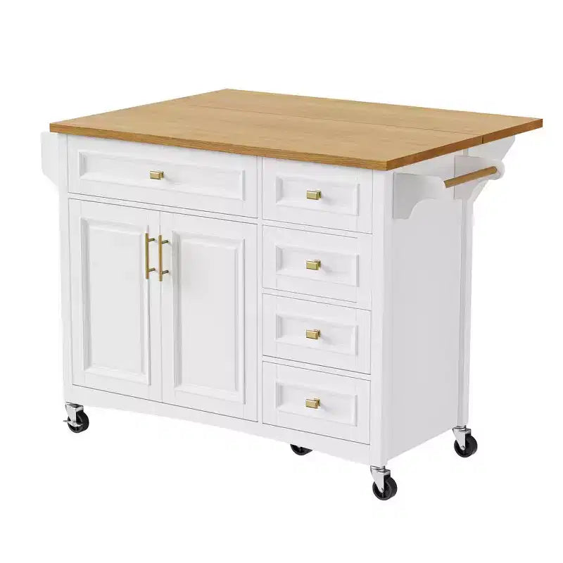 52" Kitchen Island with Embossed Texture, Spice Rack, Drop Leaf & Adjustable Shelf