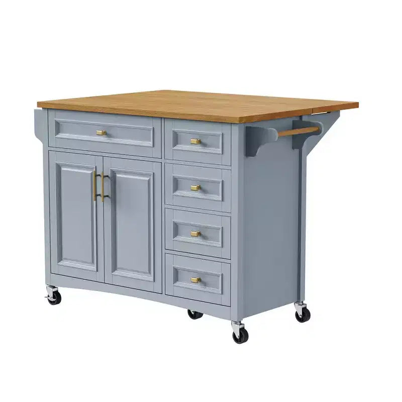 52" Kitchen Island with Embossed Texture, Spice Rack, Drop Leaf & Adjustable Shelf