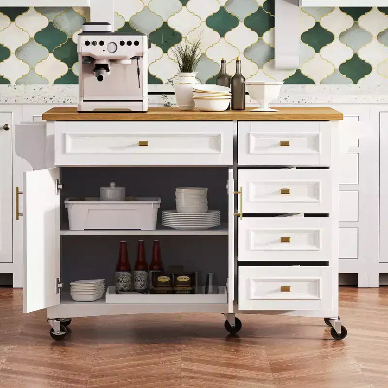 52" Kitchen Island with Embossed Texture, Spice Rack, Drop Leaf & Adjustable Shelf