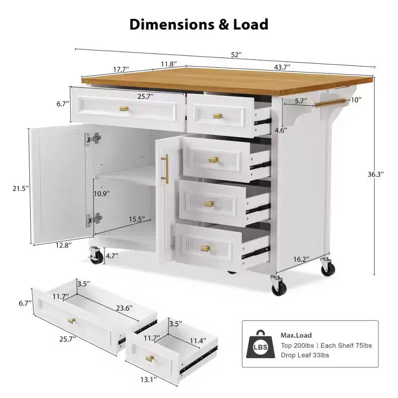 52" Kitchen Island with Embossed Texture, Spice Rack, Drop Leaf & Adjustable Shelf