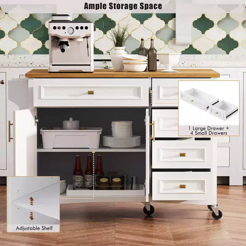 52" Kitchen Island with Embossed Texture, Spice Rack, Drop Leaf & Adjustable Shelf