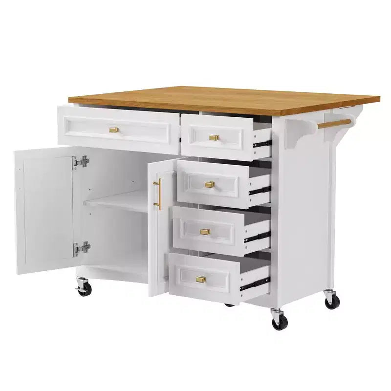 52" Kitchen Island with Embossed Texture, Spice Rack, Drop Leaf & Adjustable Shelf