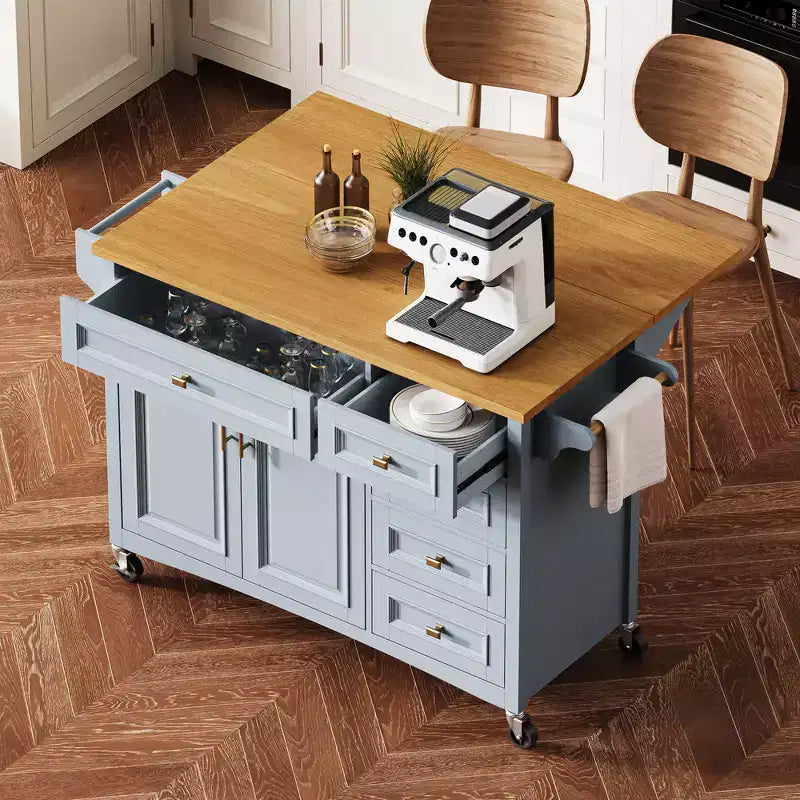 52" Kitchen Island with Embossed Texture, Spice Rack, Drop Leaf & Adjustable Shelf
