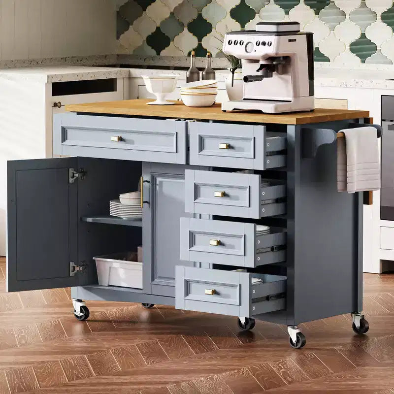 52" Kitchen Island with Embossed Texture, Spice Rack, Drop Leaf & Adjustable Shelf