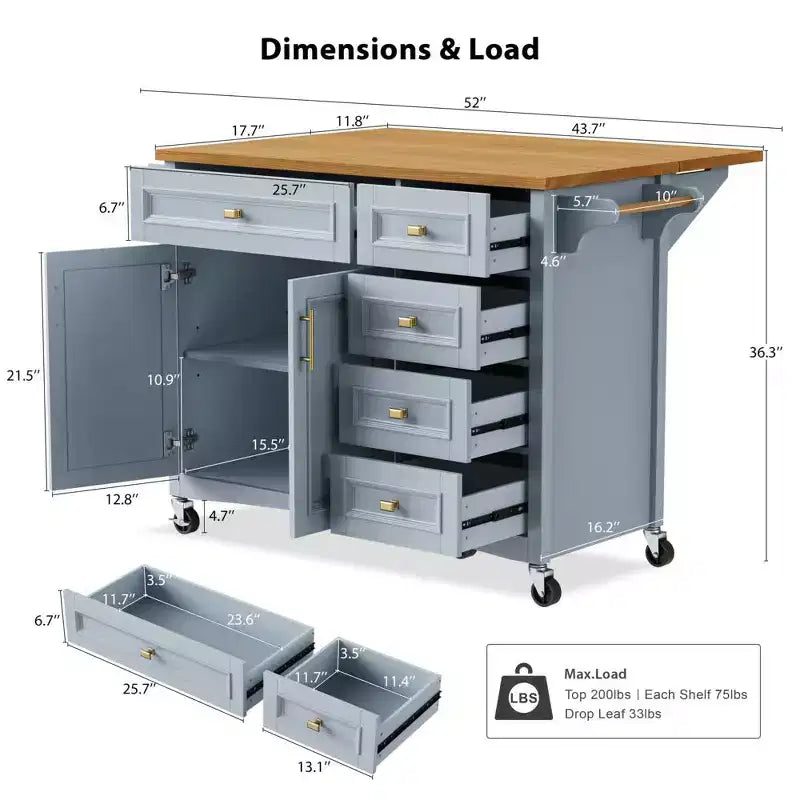 52" Kitchen Island with Embossed Texture, Spice Rack, Drop Leaf & Adjustable Shelf