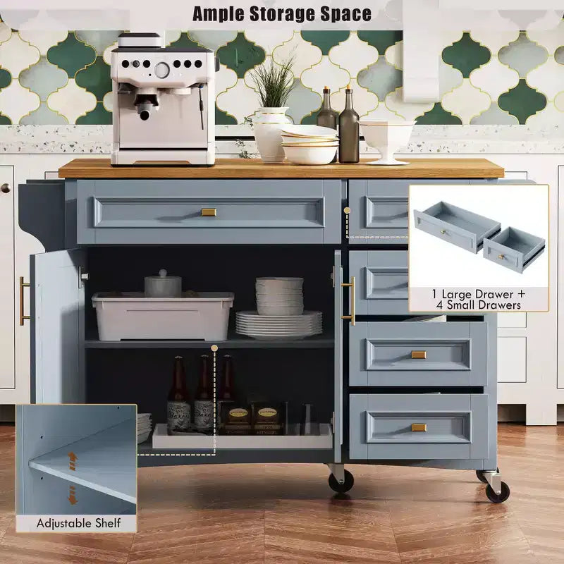 52" Kitchen Island with Embossed Texture, Spice Rack, Drop Leaf & Adjustable Shelf