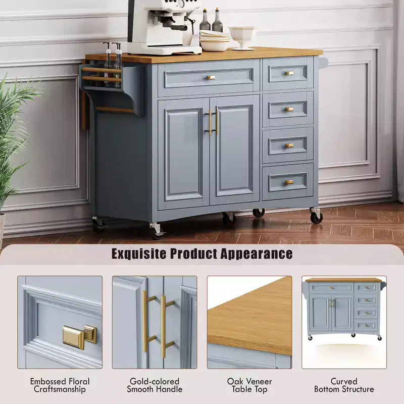 52" Kitchen Island with Embossed Texture, Spice Rack, Drop Leaf & Adjustable Shelf