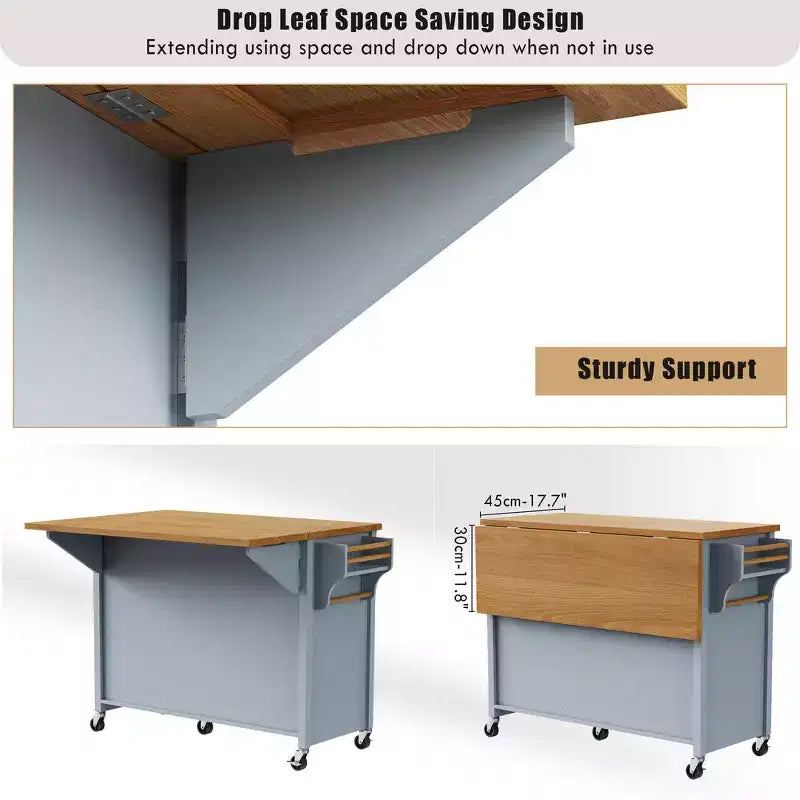 52" Kitchen Island with Embossed Texture, Spice Rack, Drop Leaf & Adjustable Shelf