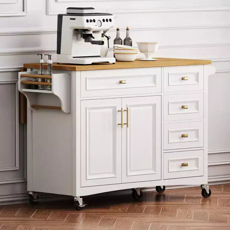 52" Kitchen Island with Embossed Texture, Spice Rack, Drop Leaf & Adjustable Shelf