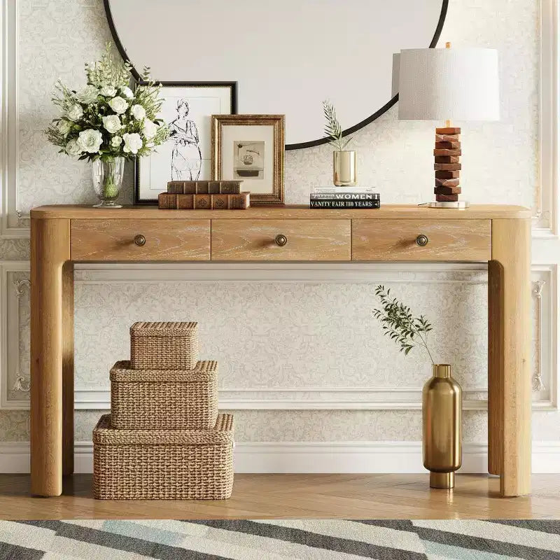 Curved Edge Console Table with 3 Hidden Drawers