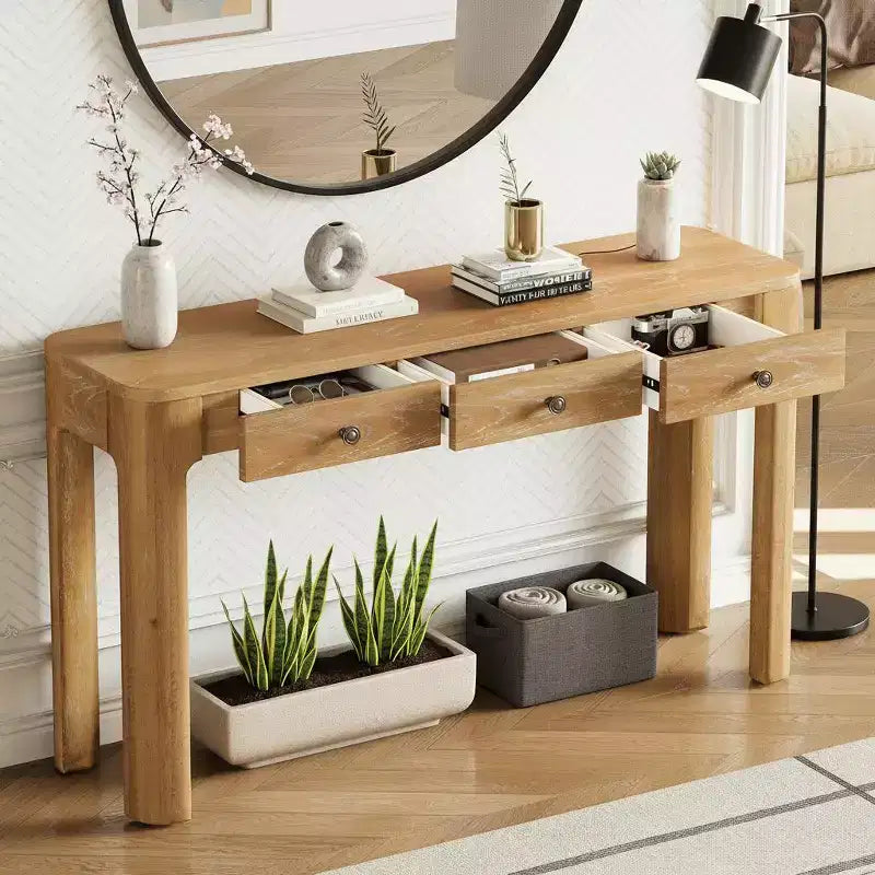 Curved Edge Console Table with 3 Hidden Drawers