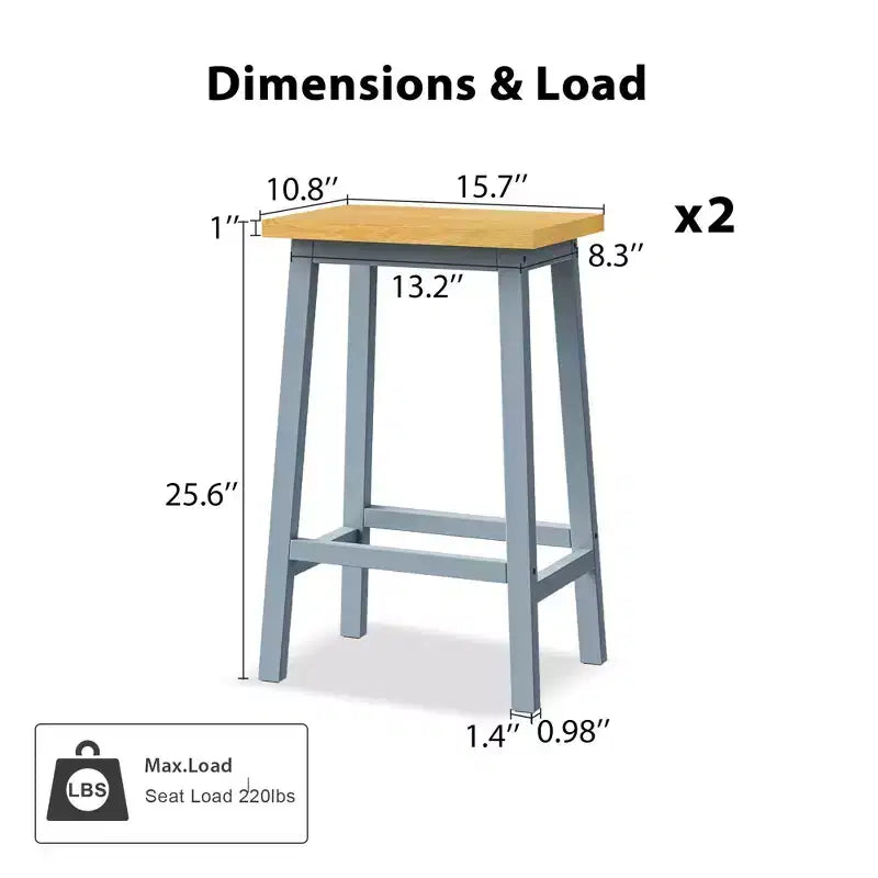 25.6" Rustic Counter Stools with Wood Seat, Black Metal Frame & Footrest
