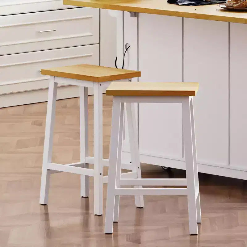 25.6" Rustic Counter Stools with Wood Seat, Black Metal Frame & Footrest