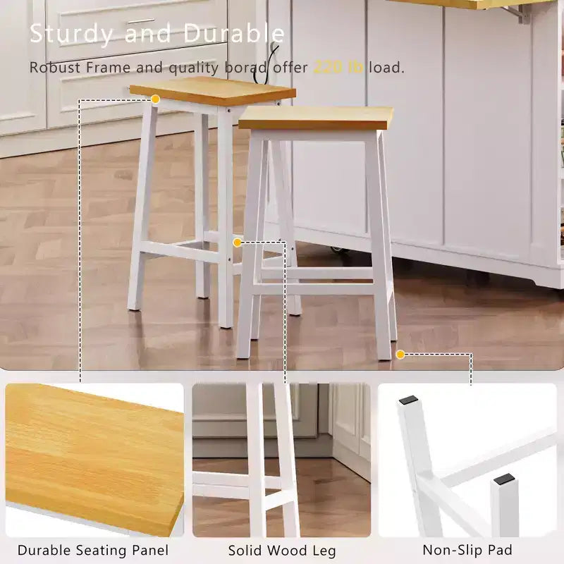25.6" Rustic Counter Stools with Wood Seat, Black Metal Frame & Footrest