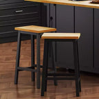 25.6" Rustic Counter Stools with Wood Seat, Black Metal Frame & Footrest