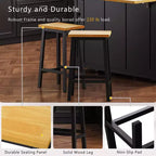 25.6" Rustic Counter Stools with Wood Seat, Black Metal Frame & Footrest