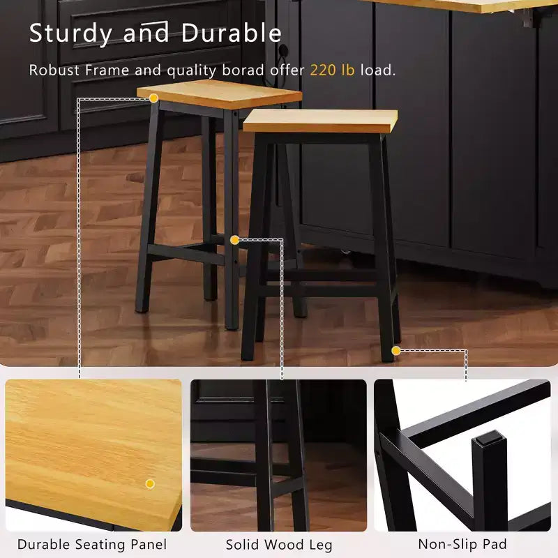 25.6" Rustic Counter Stools with Wood Seat, Black Metal Frame & Footrest