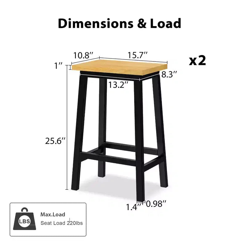 25.6" Rustic Counter Stools with Wood Seat, Black Metal Frame & Footrest