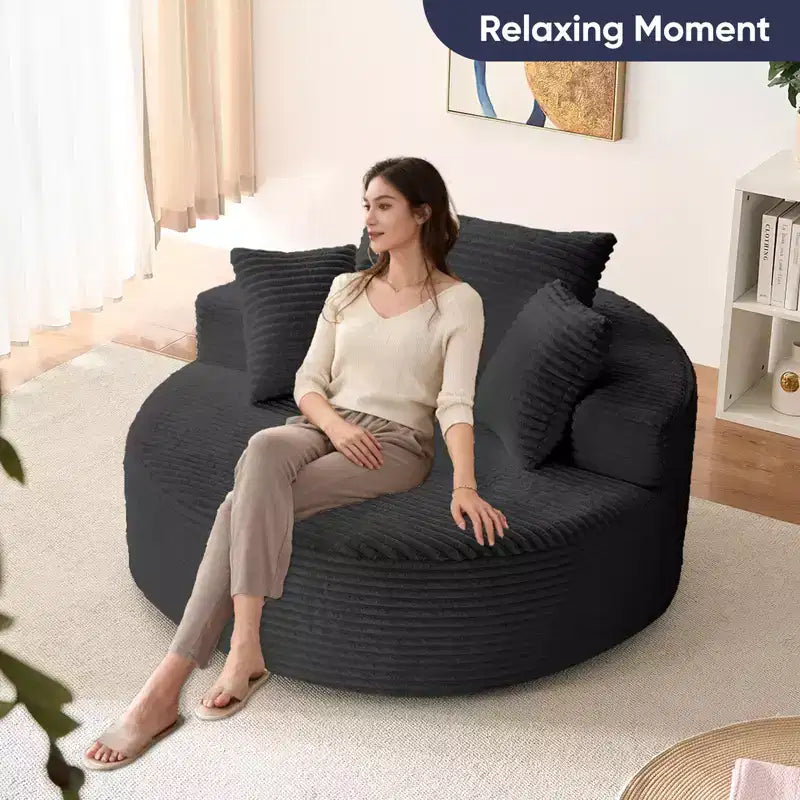 Corduroy 360° Swivel Barrel Armchair with Accent Pillows, Deep Seat