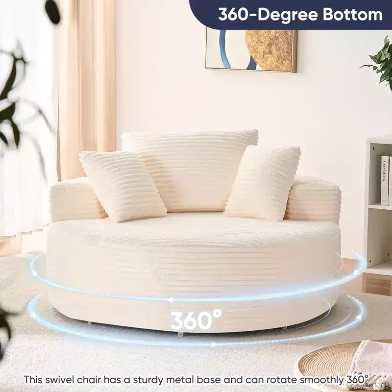 Corduroy 360° Swivel Barrel Armchair with Accent Pillows, Deep Seat