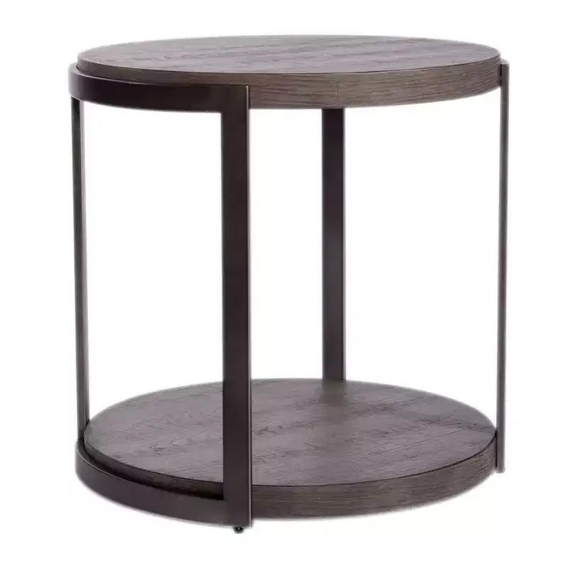 Round Metal End Table in Gauntlet Gray with Oak Veneer Top