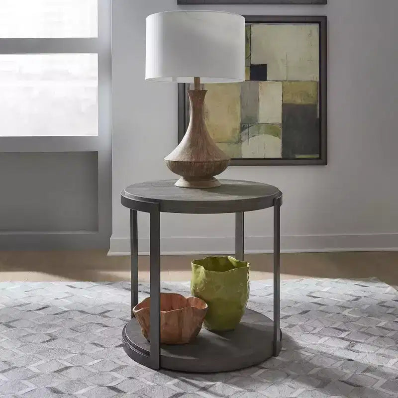 Round Metal End Table in Gauntlet Gray with Oak Veneer Top