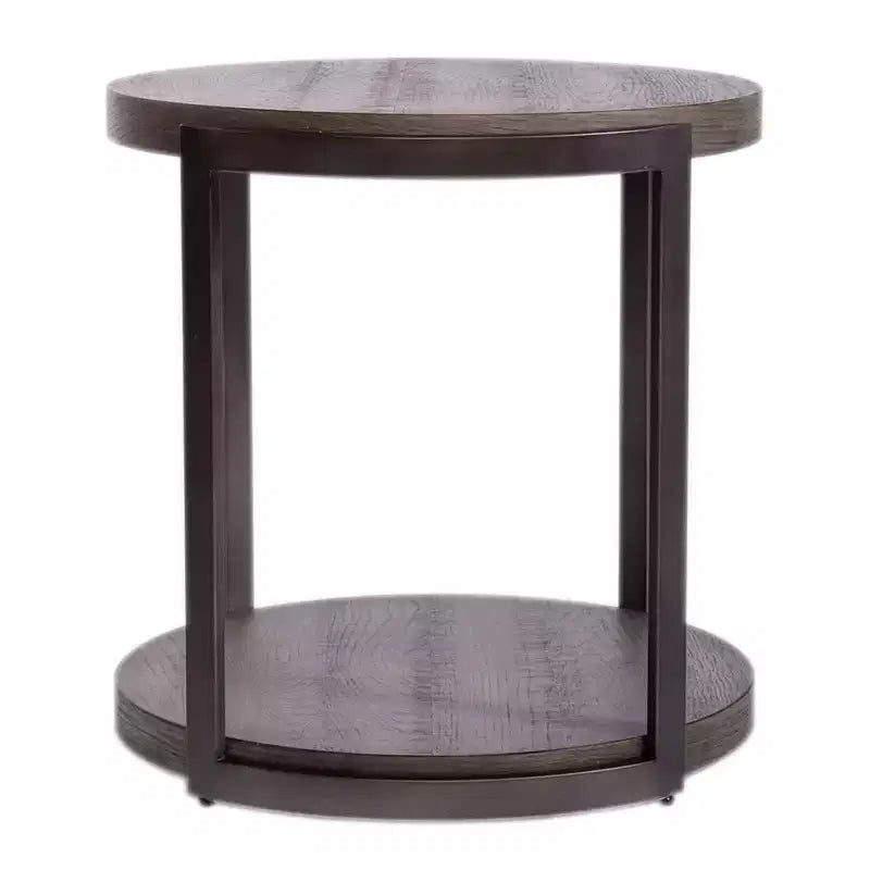 Round Metal End Table in Gauntlet Gray with Oak Veneer Top