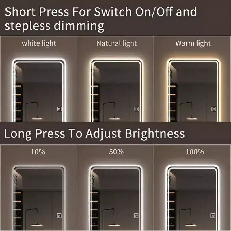 65x24" Wall-Mounted Full Length LED Mirror, 3 Color Lighting & Stepless Dimming
