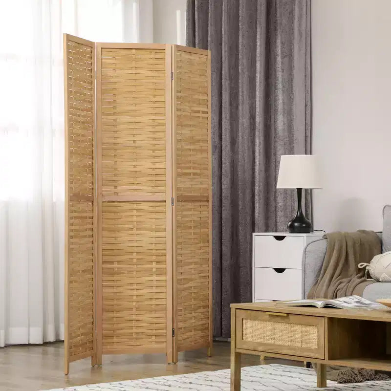 3-Panel Hand-Woven Bamboo Folding Room Divider, 47.25x67 in.