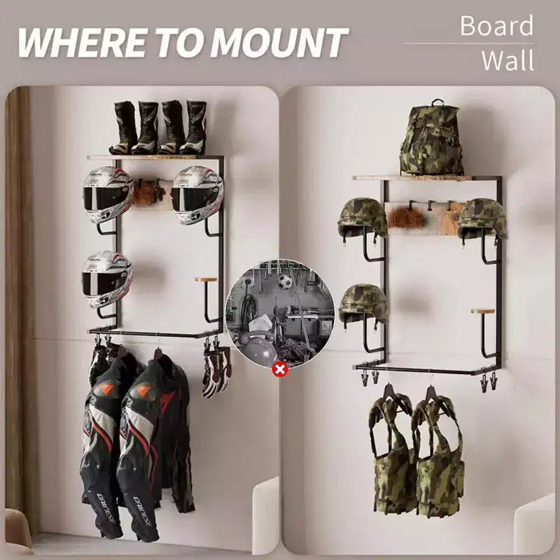 Wall-Mounted Helmet & Gear Storage Shelf with 4 Hat Stands, 4 Hooks & 4 Glove Clips