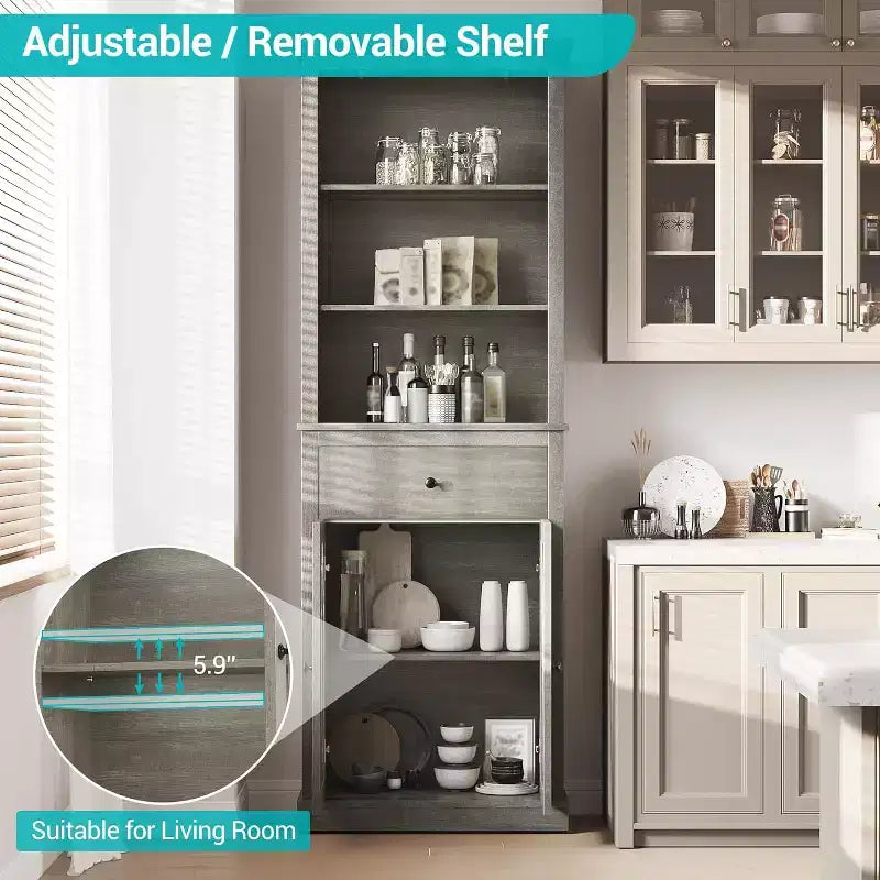 67" Tall Freestanding Storage Cabinet with Doors, Shelves & Drawer